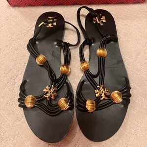 Tory Burch Capri Multi Strap Black Leather Sandal. Black and Gold Logo, Size 6.5